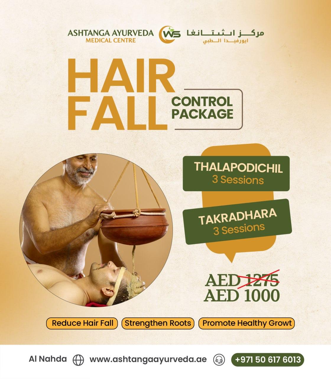 Ayurvedic hair fall treatment package in Dubai for hair loss control and scalp nourishment
