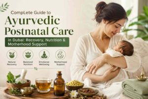 Mother holding her newborn with Ayurvedic wellness elements representing postnatal care in Ayurveda at an Ayurvedic clinic in Dubai.