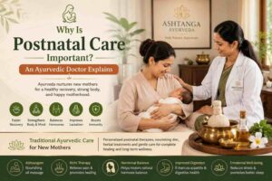 Ayurvedic doctor providing postnatal care for a new mother and baby at Ashtanga Ayurveda Medical Centre in Dubai with traditional Sutika Paricharya treatments.