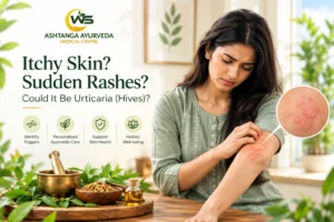 Woman with itchy skin and hives seeking urticaria care at an Ayurvedic Clinic in Dubai